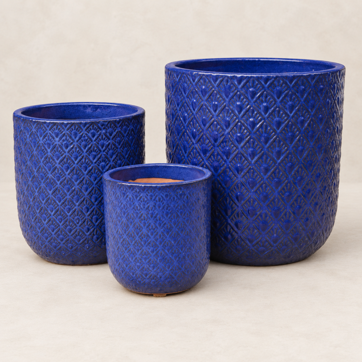 Set de 3 campanas altas esmaltadas azul océano con vidriado artesanal