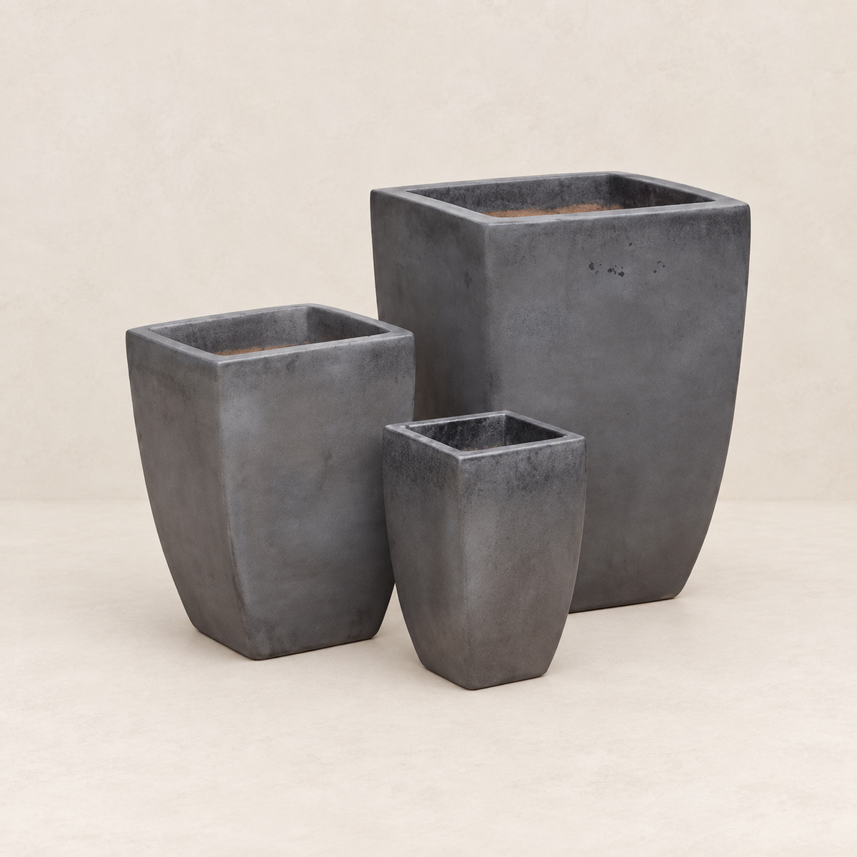 Set 3 vasos esmaltados gris, perfil alto y esbelto, gran porte