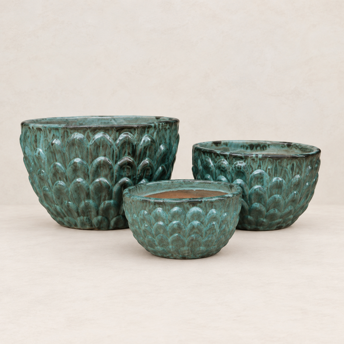Set de 3 bowls esmaltados verde envejecido en tamaños graduados