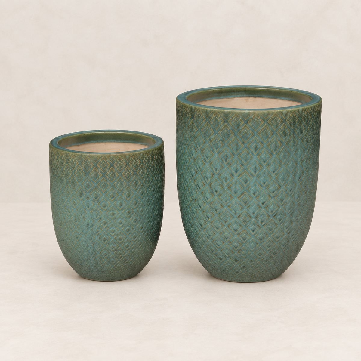Set 3 campanas altas esmaltadas verde azulado, silueta esbelta