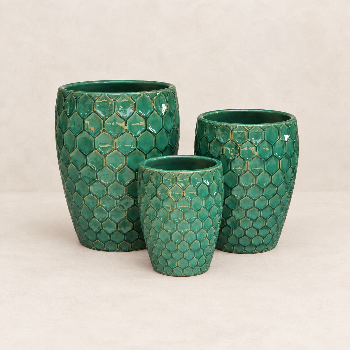 Set de 3 campanas altas esmaltadas verde azulado, gran formato artesanal