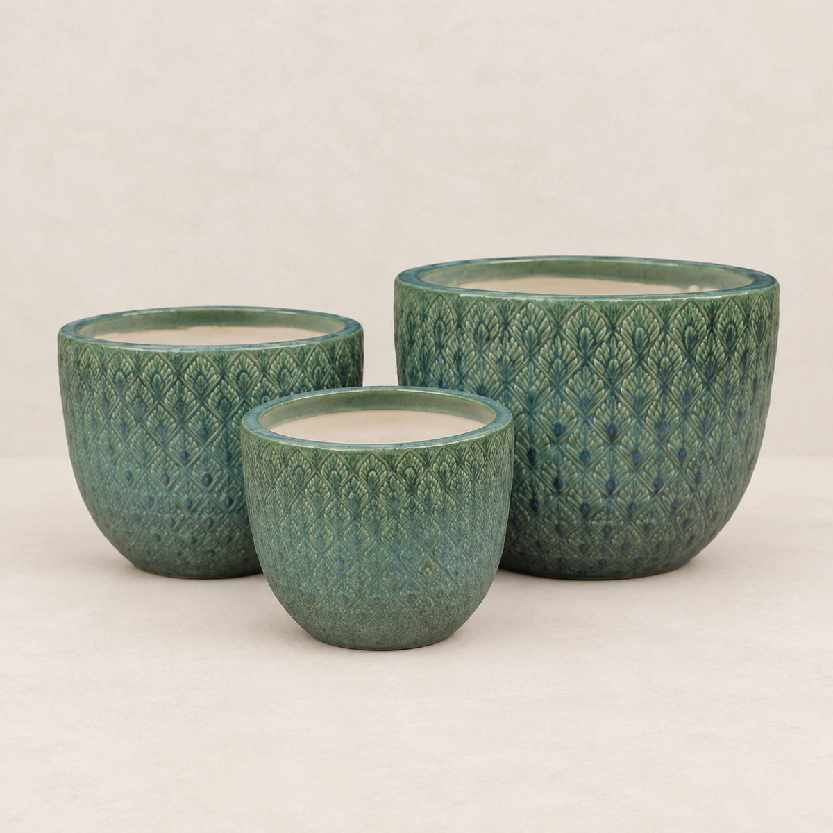 Set 3 campanas esmaltadas verde azulado, perfil bajo elegante