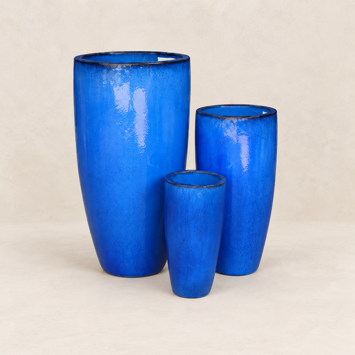 Set de 3 macetas altas esmaltadas azul océano, gran formato para exterior