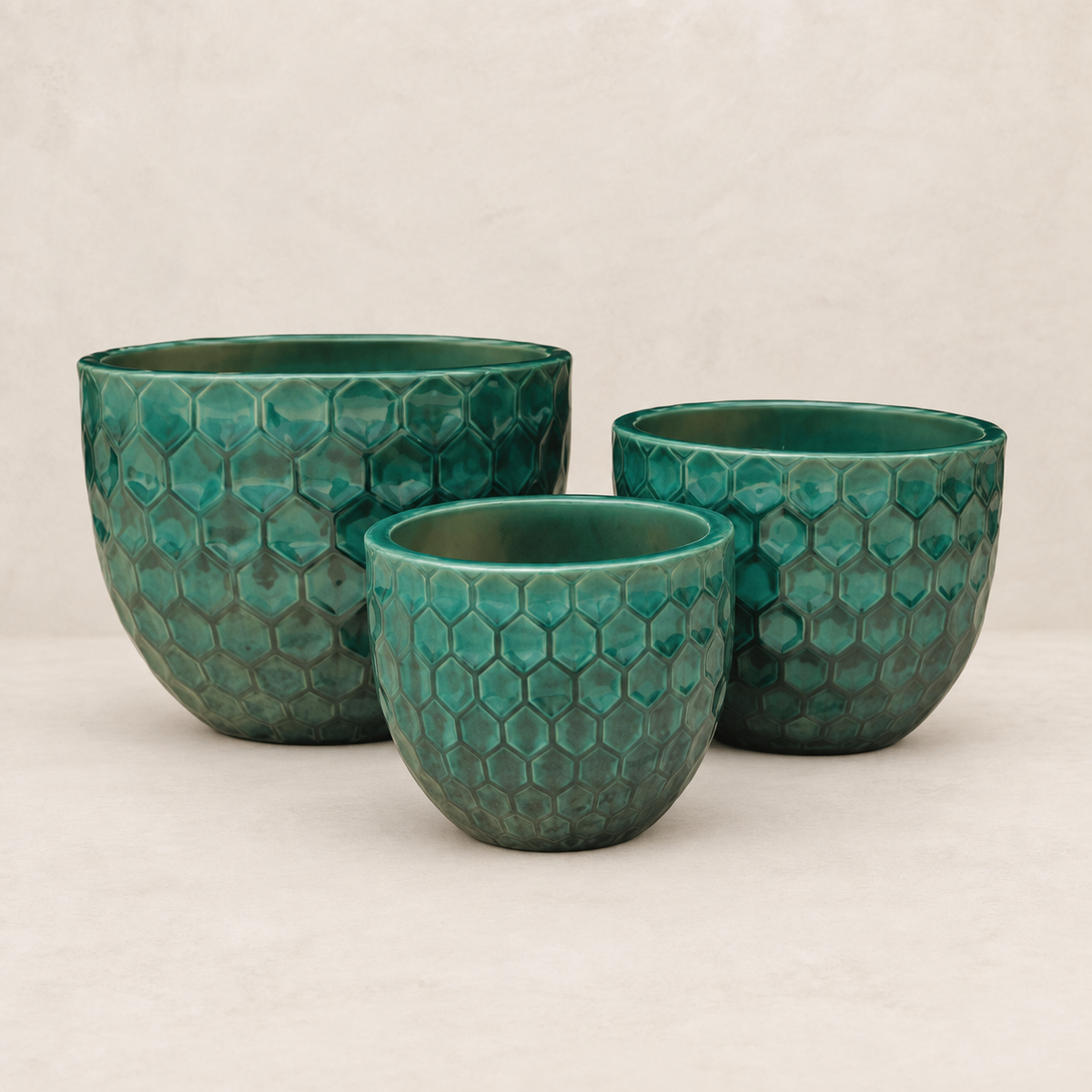 Set de 3 bowls esmaltados verde azulado, vidriado artesanal