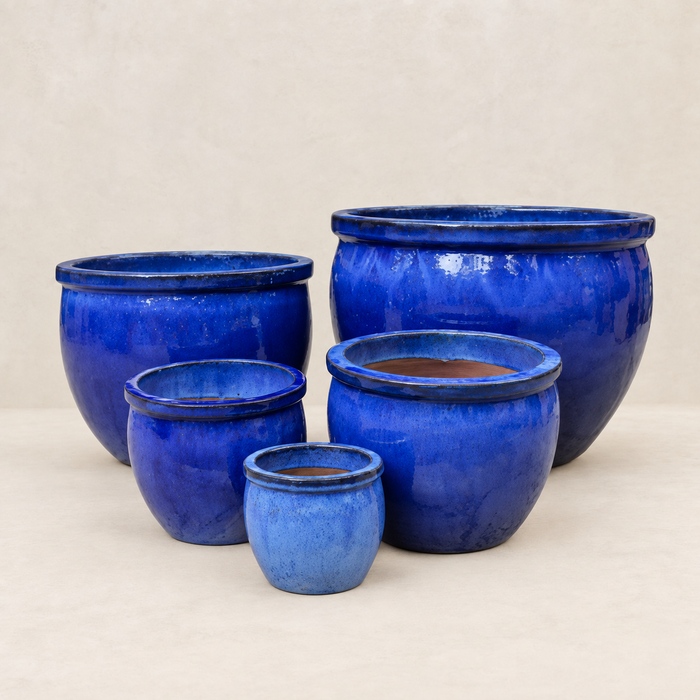 Set 5 campanas esmaltadas azul océano, gran formato escultural